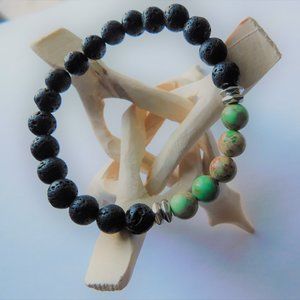 Black and Gree Men's Imperial Jasper Lava Rock Crystal Bead Bracelet